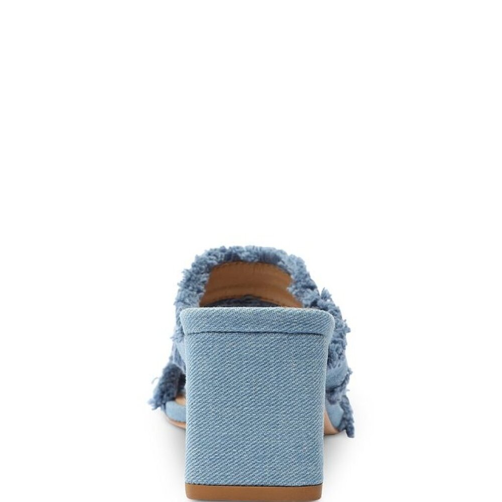 Amely Mid Block Denim Sandal with Frayed Straps | - Picture 7 of 12
